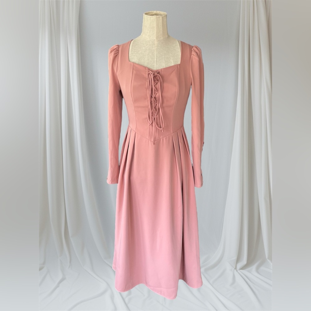 Romantic Blush Pink Corset-Style Midi Dress – Size S